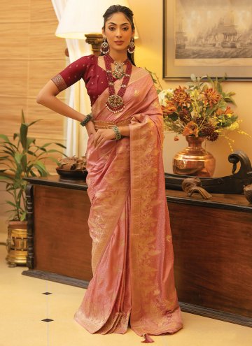 Satin Contemporary Saree in Pink Enhanced with Wov