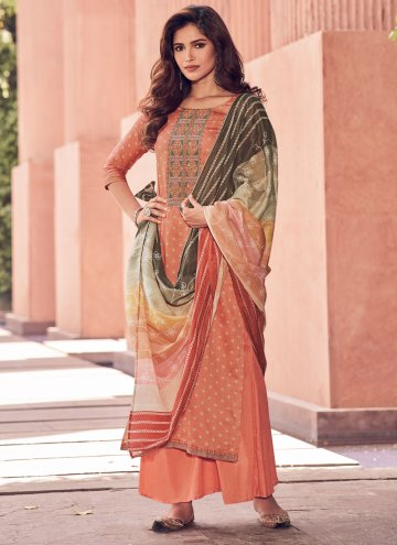 Satin Designer Pakistani Salwar Suit in Peach Enha