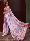 Satin Designer Saree in Lavender Enhanced with Floral Print - 1