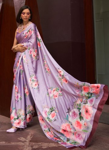 Satin Designer Saree in Lavender Enhanced with Floral Print