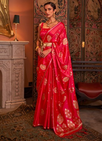Satin Designer Saree in Pink Enhanced with Woven