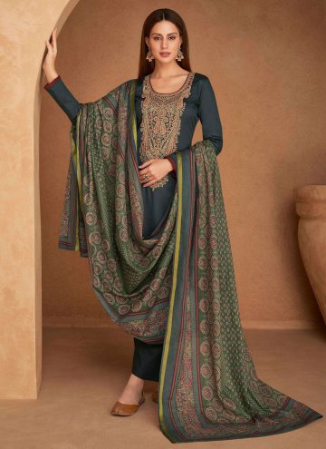 Satin Salwar Suit in Grey Enhanced with Embroidere