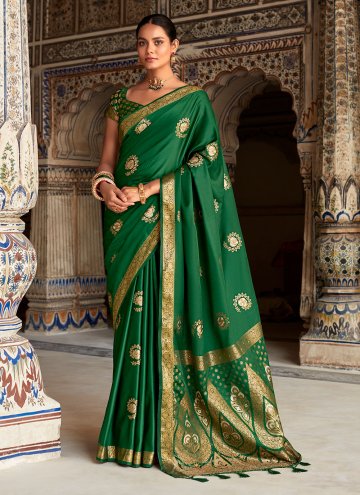 Satin Silk Designer Saree in Green Enhanced with Woven