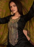 Satin Trendy Salwar Kameez in Black Enhanced with Embroidered - 1