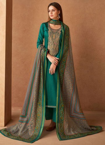 Satin Trendy Salwar Suit in Rama Enhanced with Embroidered