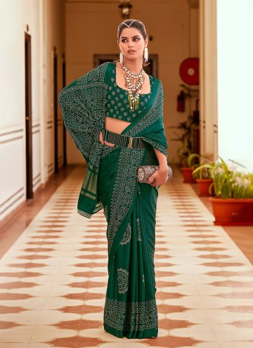 Satin Trendy Saree in Green Enhanced with Foil Pri