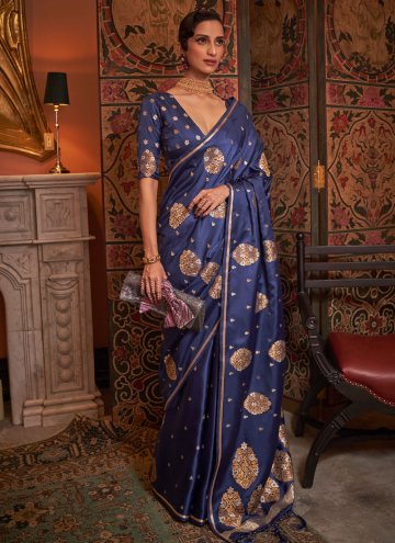 Satin Trendy Saree in Navy Blue Enhanced with Wove