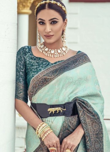 Sea Green and Teal Satin Woven Classic Designer Saree for Ceremonial