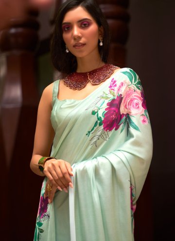 Sea Green Classic Designer Saree in Satin with Floral Print