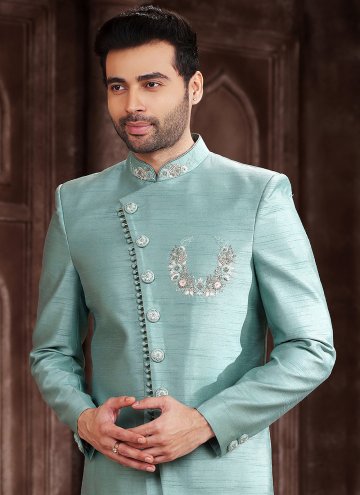 Sea Green color Art Silk Indo Western Sherwani with Embroidered