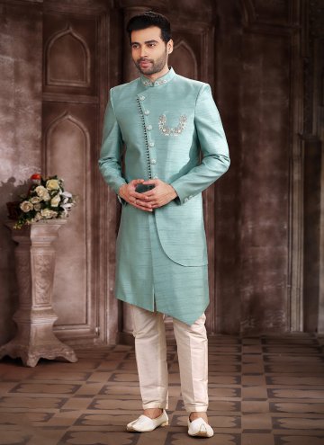 Sea Green color Art Silk Indo Western Sherwani with Embroidered
