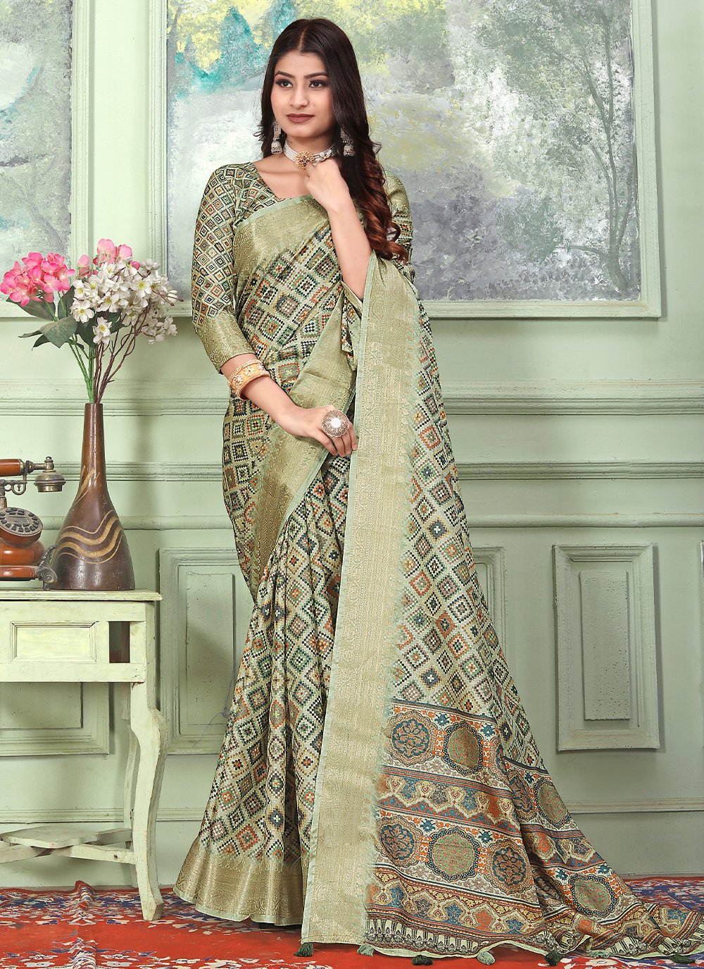 Sea Green color Banarasi Designer Saree with Woven