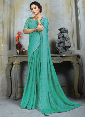 Sea Green color Chiffon Designer Saree with Embroi
