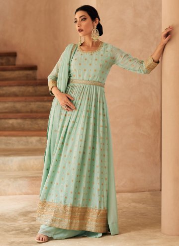 Sea Green color Chinon Salwar Suit with Embroidered
