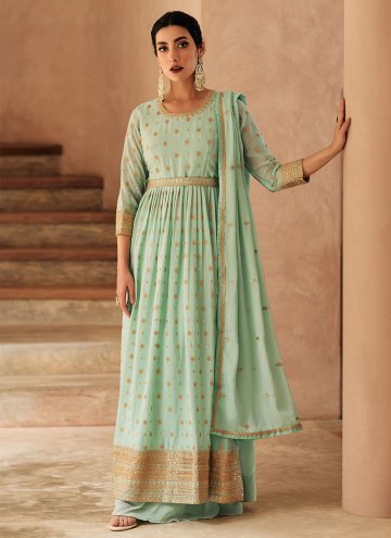Sea Green color Chinon Salwar Suit with Embroidere