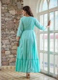 Sea Green color Cotton  Readymade Designer Gown with Embroidered - 1