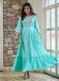 Sea Green color Cotton  Readymade Designer Gown with Embroidered - 2