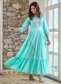 Sea Green color Cotton  Readymade Designer Gown with Embroidered - 3