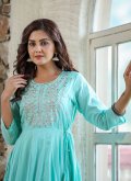 Sea Green color Cotton  Readymade Designer Gown with Embroidered - 4