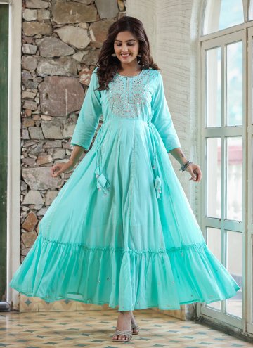 Sea Green color Cotton  Readymade Designer Gown with Embroidered