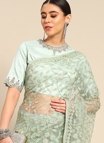 Sea Green color Embroidered Net Trendy Saree
