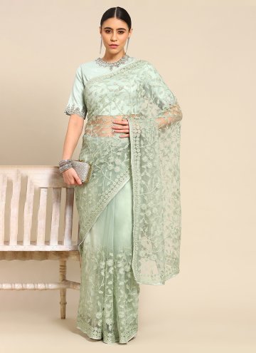 Sea Green color Embroidered Net Trendy Saree