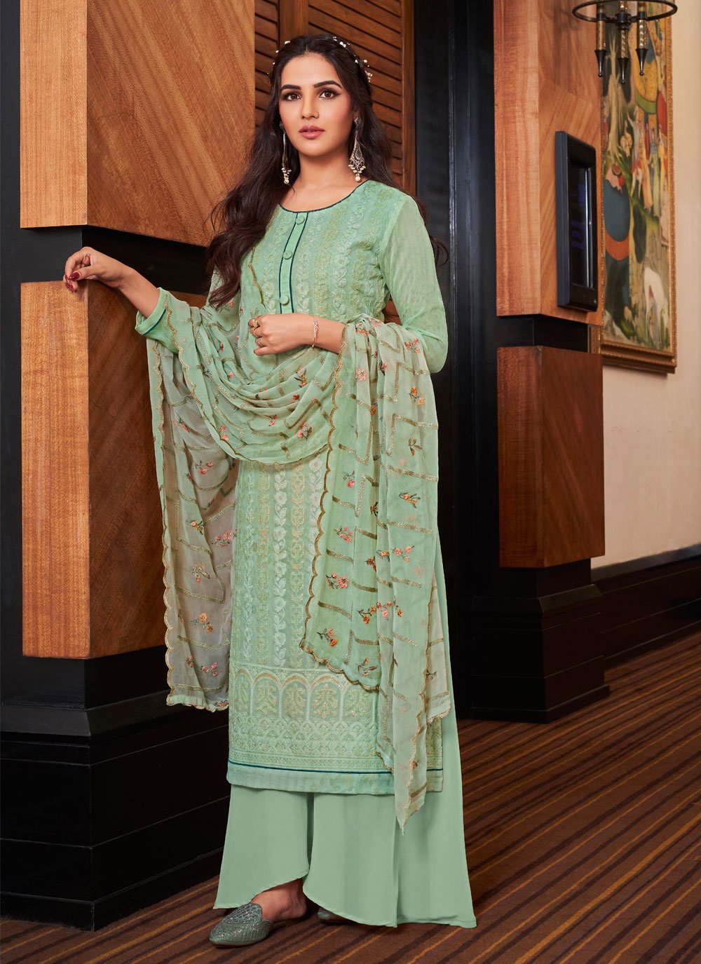 Sea Green color Faux Georgette Designer Pakistani Salwar Suit with Embroidered