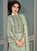 Sea Green color Floral Print Muslin Straight Salwar Suit - 1