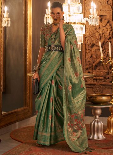 Sea Green color Handloom Silk Trendy Saree with Wo