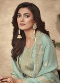 Sea Green color Jacquard Pant Style Suit with Embroidered - 1