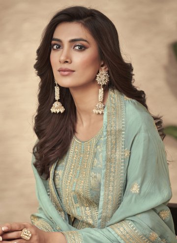 Sea Green color Jacquard Pant Style Suit with Embroidered