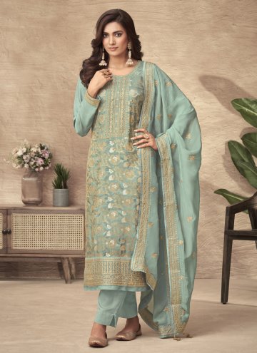 Sea Green color Jacquard Pant Style Suit with Embroidered
