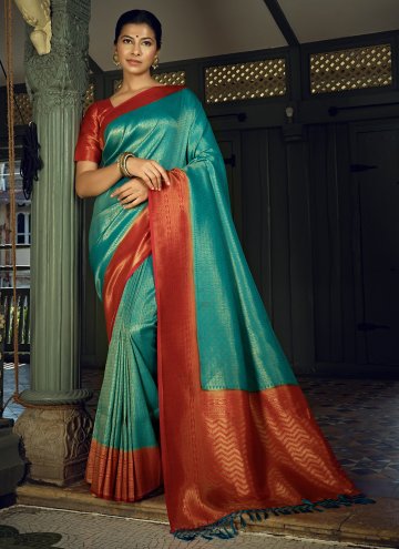 Sea Green color Kanjivaram Silk Designer Traditional Saree with Woven