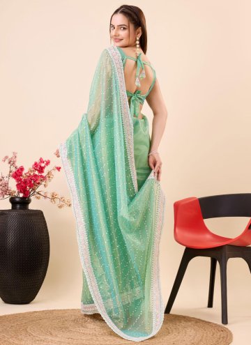 Sea Green color Net Contemporary Saree with Embroidered
