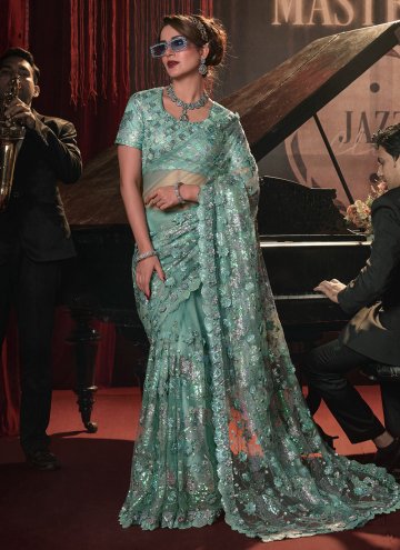 Sea Green color Net Trendy Saree with Embroidered