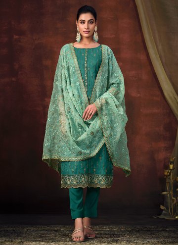 Sea Green color Organza Pant Style Suit with Embroidered