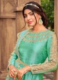 Sea Green color Silk Anarkali Salwar Kameez with Woven - 1