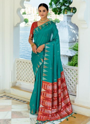 Sea Green color Silk Designer Saree with Woven