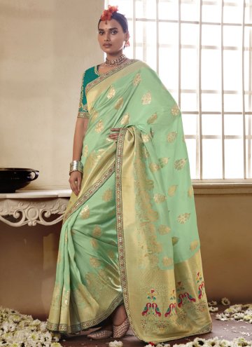 Sea Green color Silk Trendy Saree with Embroidered