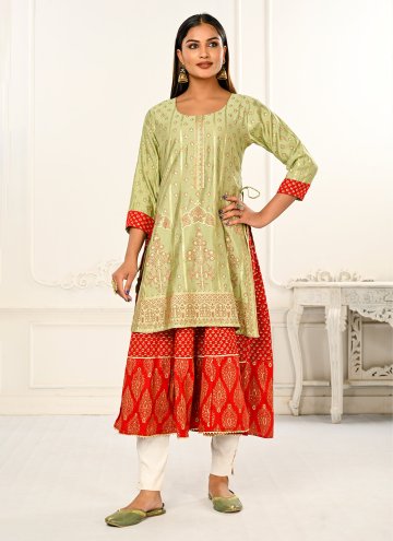 Sea Green Cotton  Embroidered Casual Kurti for Cer