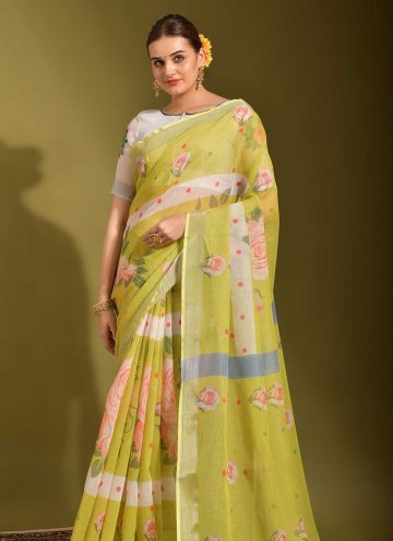 Sea Green Designer Saree in Linen with Digital Print