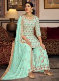 Sea Green Faux Georgette Embroidered Palazzo Suit for Ceremonial - 1