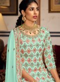 Sea Green Faux Georgette Embroidered Palazzo Suit for Ceremonial - 2