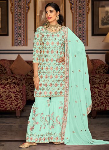 Sea Green Faux Georgette Embroidered Palazzo Suit for Ceremonial