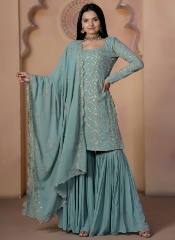 Sea Green Faux Georgette Embroidered Salwar Suit f
