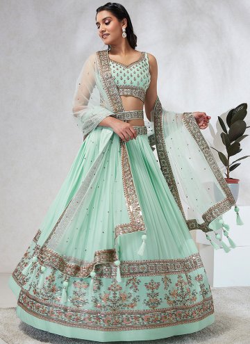 Sea Green Georgette Embroidered A Line Lehenga Choli for Ceremonial