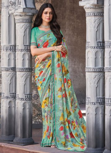 Sea Green Georgette Floral Print Contemporary Saree for Ceremonial