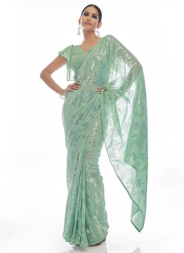 Sea Green Georgette Sequins Work Contemporary Saree for Sangeet