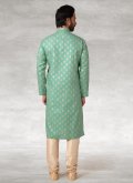 Sea Green Handloom Cotton Printed Kurta Pyjama - 1