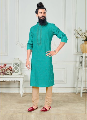 Sea Green Kurta Pyjama in Poly Cotton with Embroidered